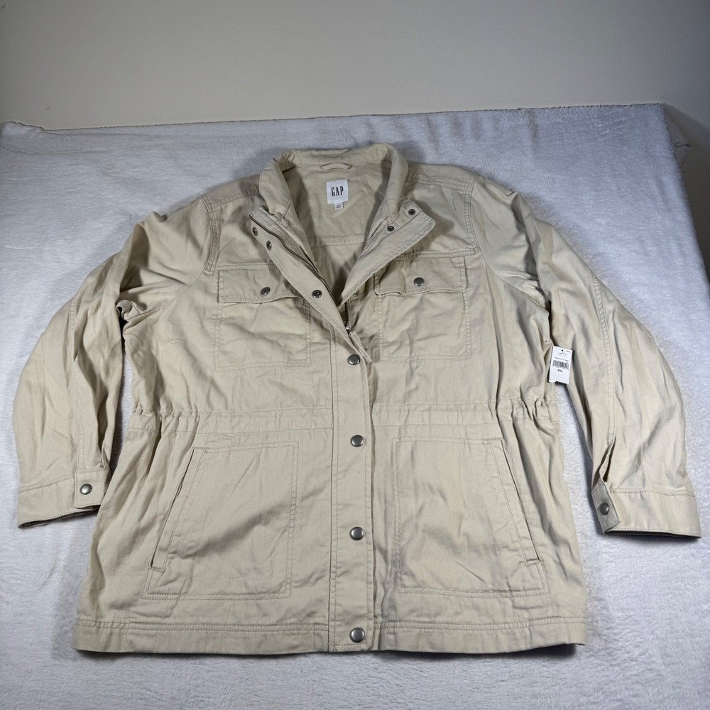 NWT Gap Utility Field Jacket Women XXL Beige Cotton Field Coat Cinched Waist Zip